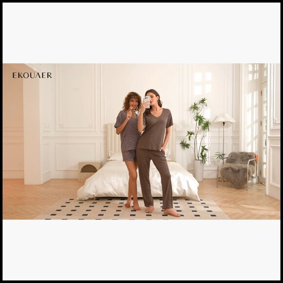 Ribbed Knit Lounge Set Short Sleeve V-Neck Top Long Pants Pajama - Picture 7 of 7